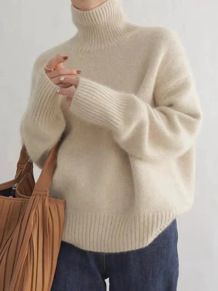 

Женская водолазка, вязаный пуловер, весна-осень 2024, модный Свободный шикарный простой Повседневный свитер с длинным рукавом, Женские однотонные вязаные топы