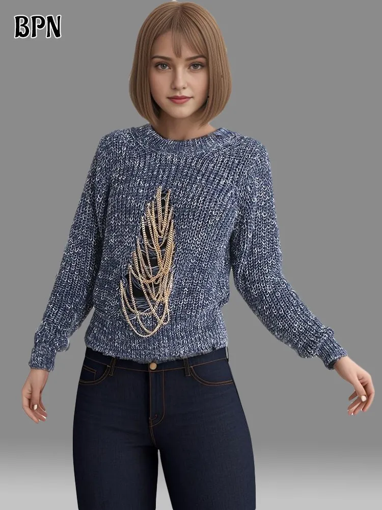 

BPN Fashion Spliced Metal Chain Sweater For Women Round Neck Long Sleeve Hollow Out Casual Knitting Sweaters Female Clothing New