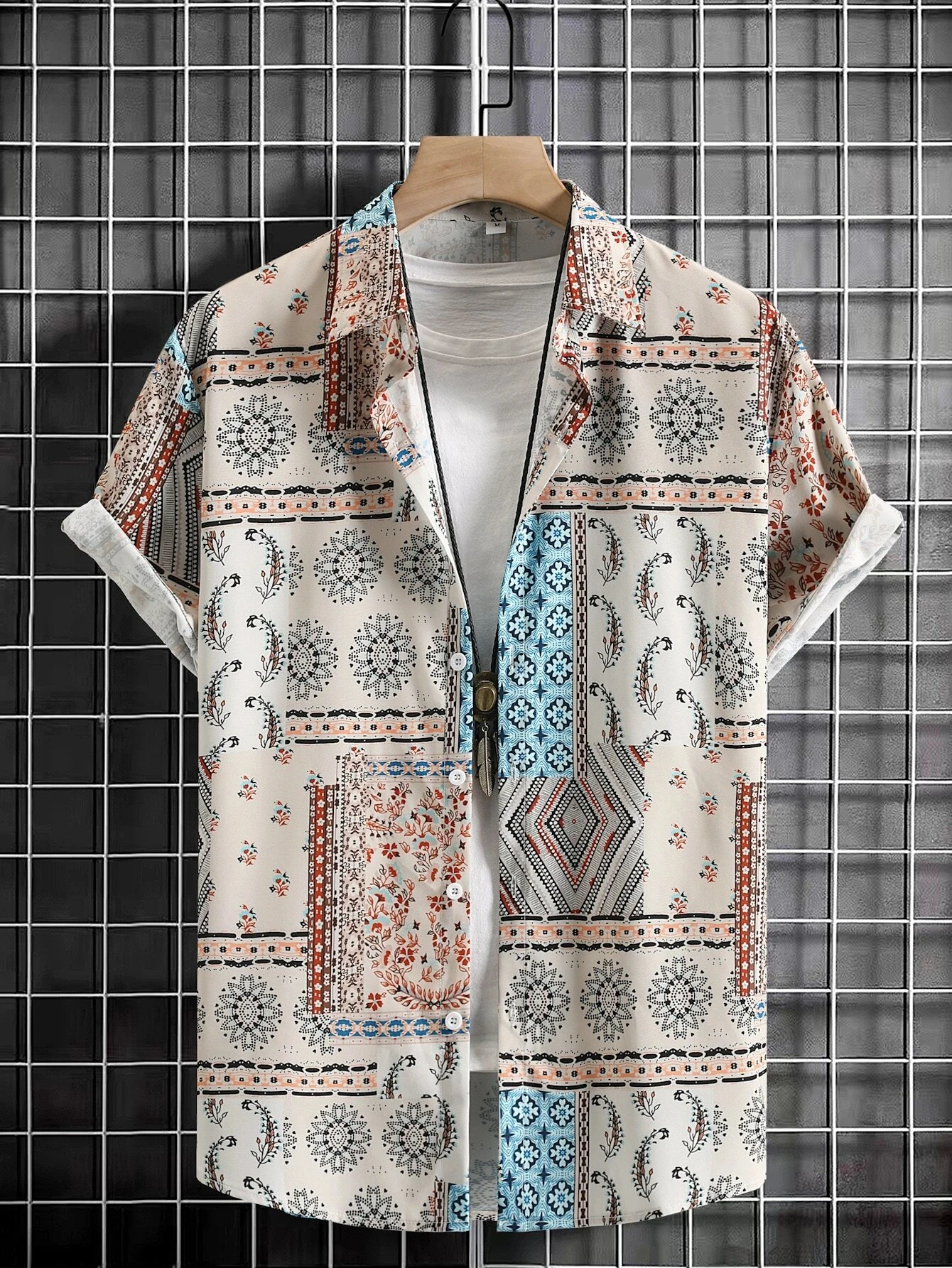 

Men's shirt summer fashion ethnic personalized printed pattern short-sleeved shirt casual button lapel top