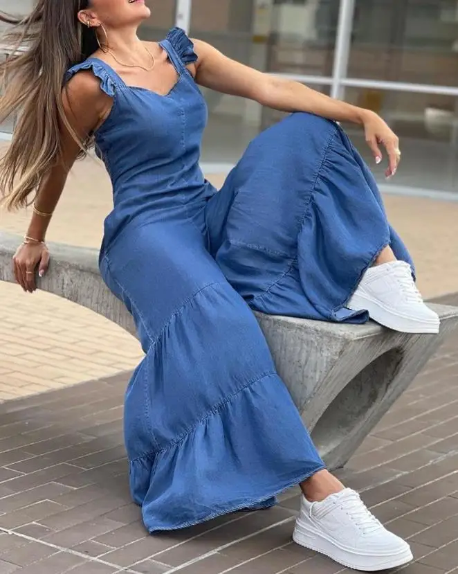 

2024 Summer Woman Long Jumpsuits Elegant Sexy Sleeveless Frill Hem Shirred Flared Leg Jumpsuit New Fashion Casual One Pieces