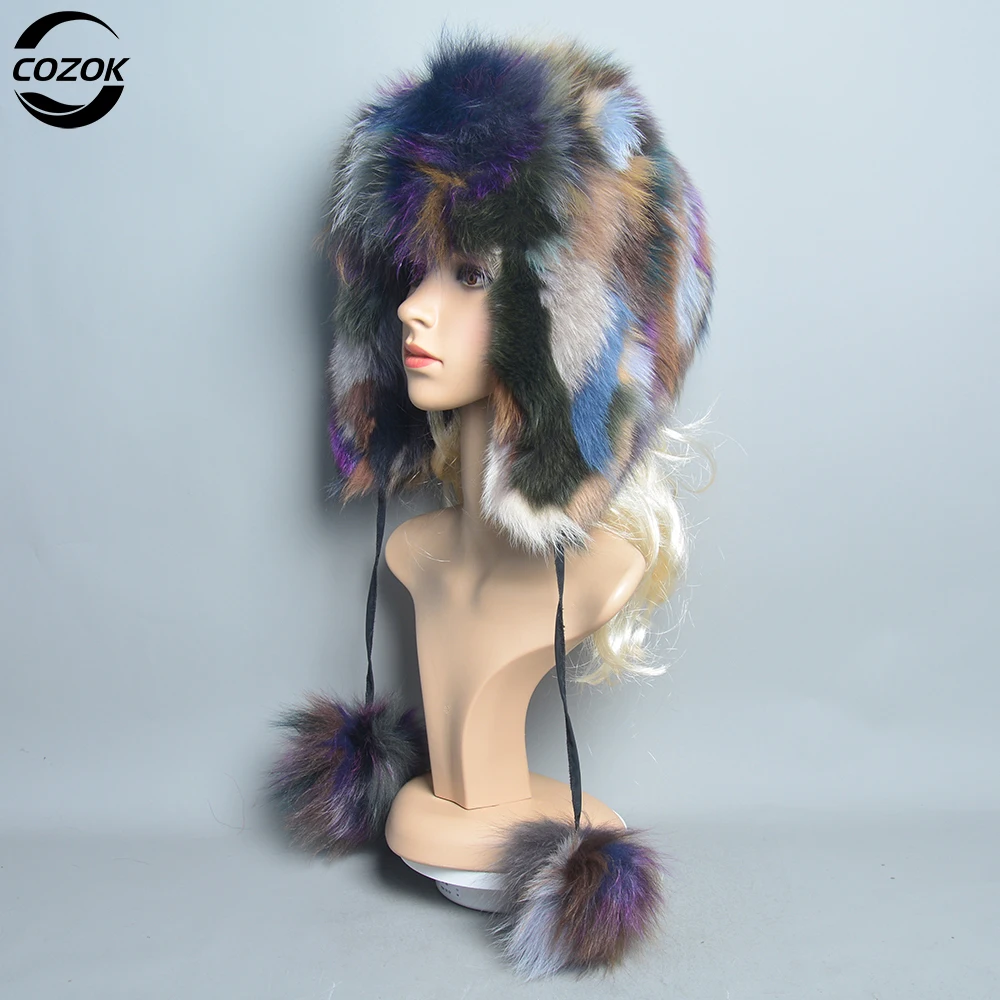 

Fluffy Bomber Hats Women Winter Balls Warm Earflap Furry Hat Soviet Real Fox Fur Russian Hat Bonnets Fur Cap Women