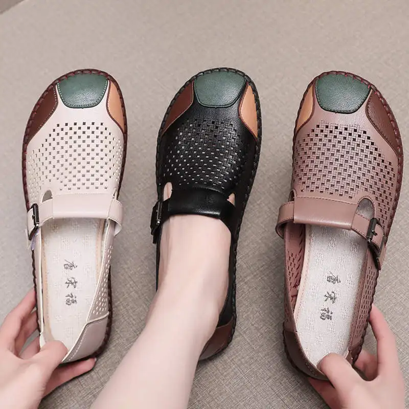 

Spring Summer Hollowed Shoes Women's Buckle Dec Ballet Flats Woman Microfiber Leather Moccasins Mom Flat Driving Loafers Lady