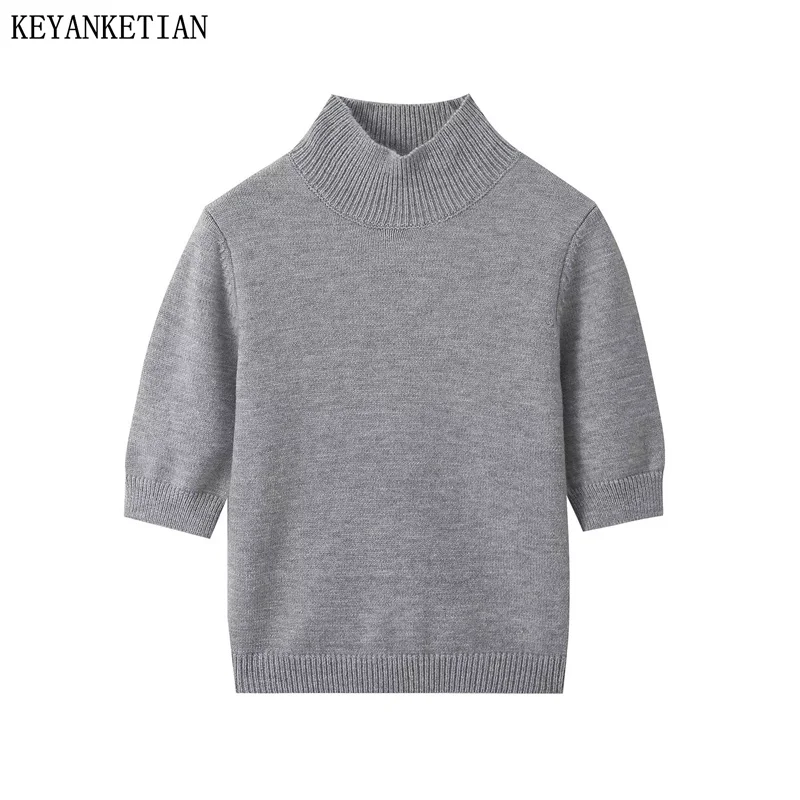 

KEYANKETIAN 2024 New Launch Women's Mock Neck Short Sleeve Gray Sweater Pullover Summer Fashion Simply Slim Crop Knitted Top