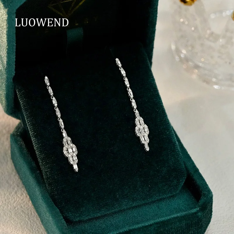 

LUOWEND 18K White Gold Earrings 0.80carat Real Natural Diamond Drop Earrings for Women Wedding Elegant Shiny Design High Jewelry