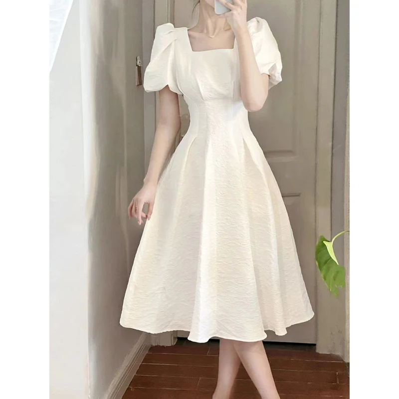 

New Women Dresses Puff Sleeve Square Collar Hepburn Light Mature Slim Dress Women Elegant Luxury Ankle-Length A-LINE Summer 2024