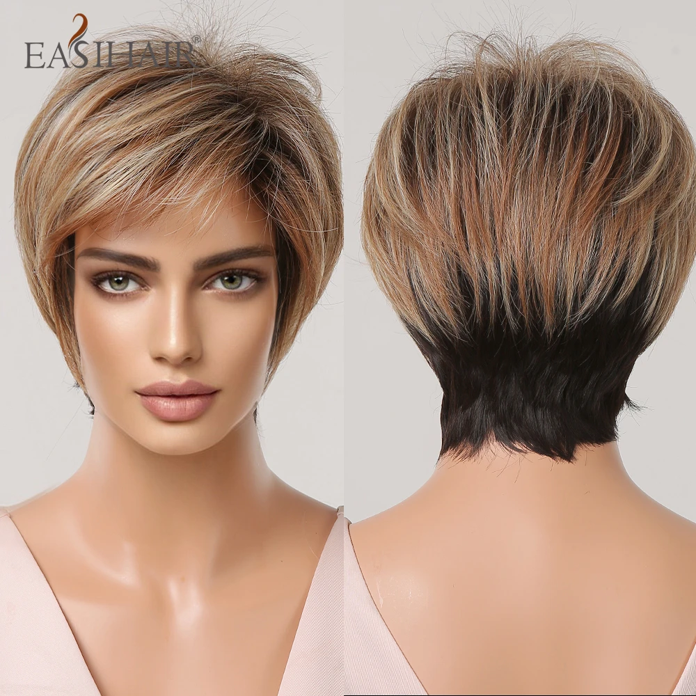 

EASIHAIR Short Bob Brown Mixed Blonde Synthetic Wigs with Pixie Cut Bang Golden Hair Wigs for Women Daily Cosplay Heat Resiatant