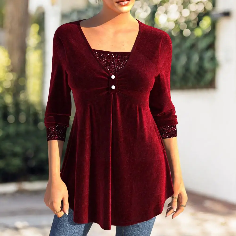 Women T-shirt Classy Commuting Style Shirt Sequin Patchwork Square Neck Women's Blouse with A-line Hem Bead Decor
Women T-shirt Classy Commuting Style Shirt Sequin Patchwork Square Neck Women's Blouse with A-line Hem Bead Decor