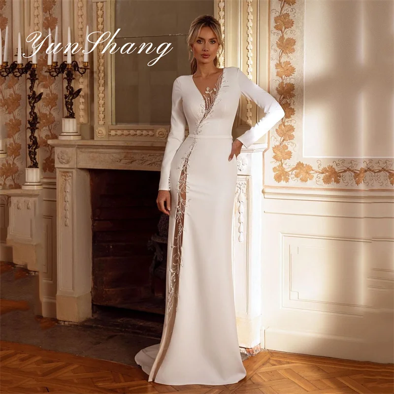 

Yunshang Mermaid Wedding Dresses Women Illusion Back Lace O-Neck Long Sleeve Applique Bridal Gown Sweep Train Vestidos De Novia