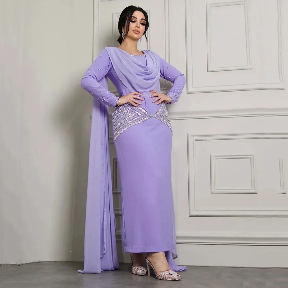 

Charming Prom Gown Long Sleeve Pearls Ankle-Length Round Neck Exquisite Evening Dresses for Women فساتين السهرة 2023 جديده