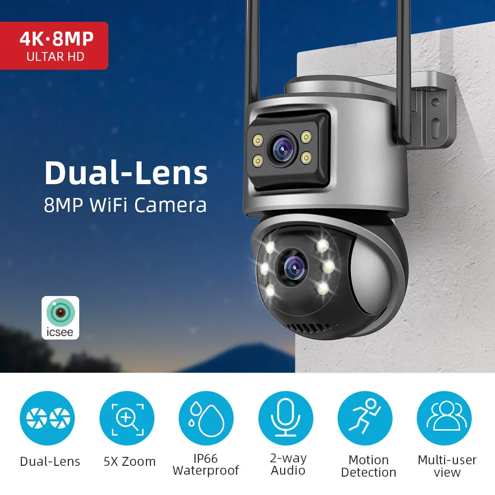 

4K 8MP HD Wifi PTZ Camera Outdoor 6MP Dual Lens Dual Screen AI Auto Tracking IP Camera CCTV Audio Video Surveillance P2P ICSEE