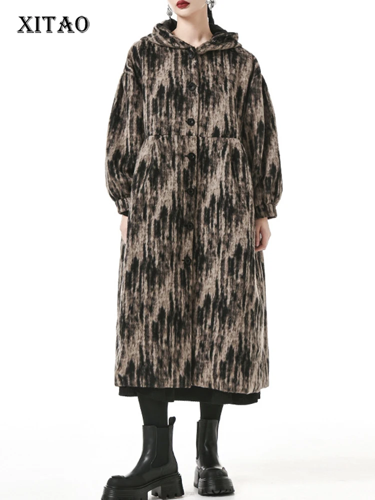 

XITAO Hooded Print Vintage Blend Coat Single Breasted Long Sleeve Loose Slimming All-match Women New Street Trendy DMJ3754