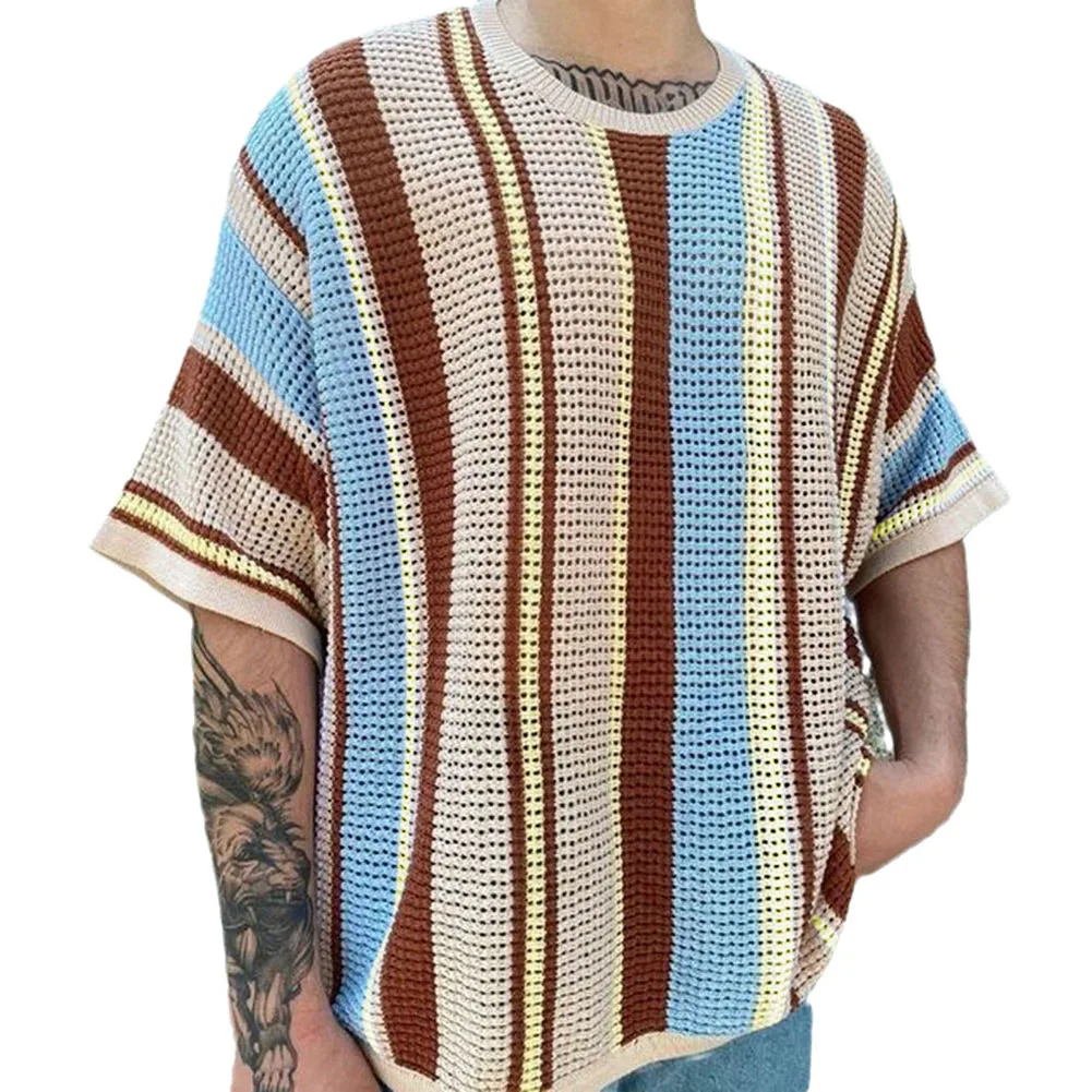 T-Shirt Tops For Vacation Holiday Knitted T-Shirt Loose Men Patchwork Striped Print Short Sleeve Slight Stretch
T-Shirt Tops For Vacation Holiday Knitted T-Shirt Loose Men Patchwork Striped Print Short Sleeve Slight Stretch