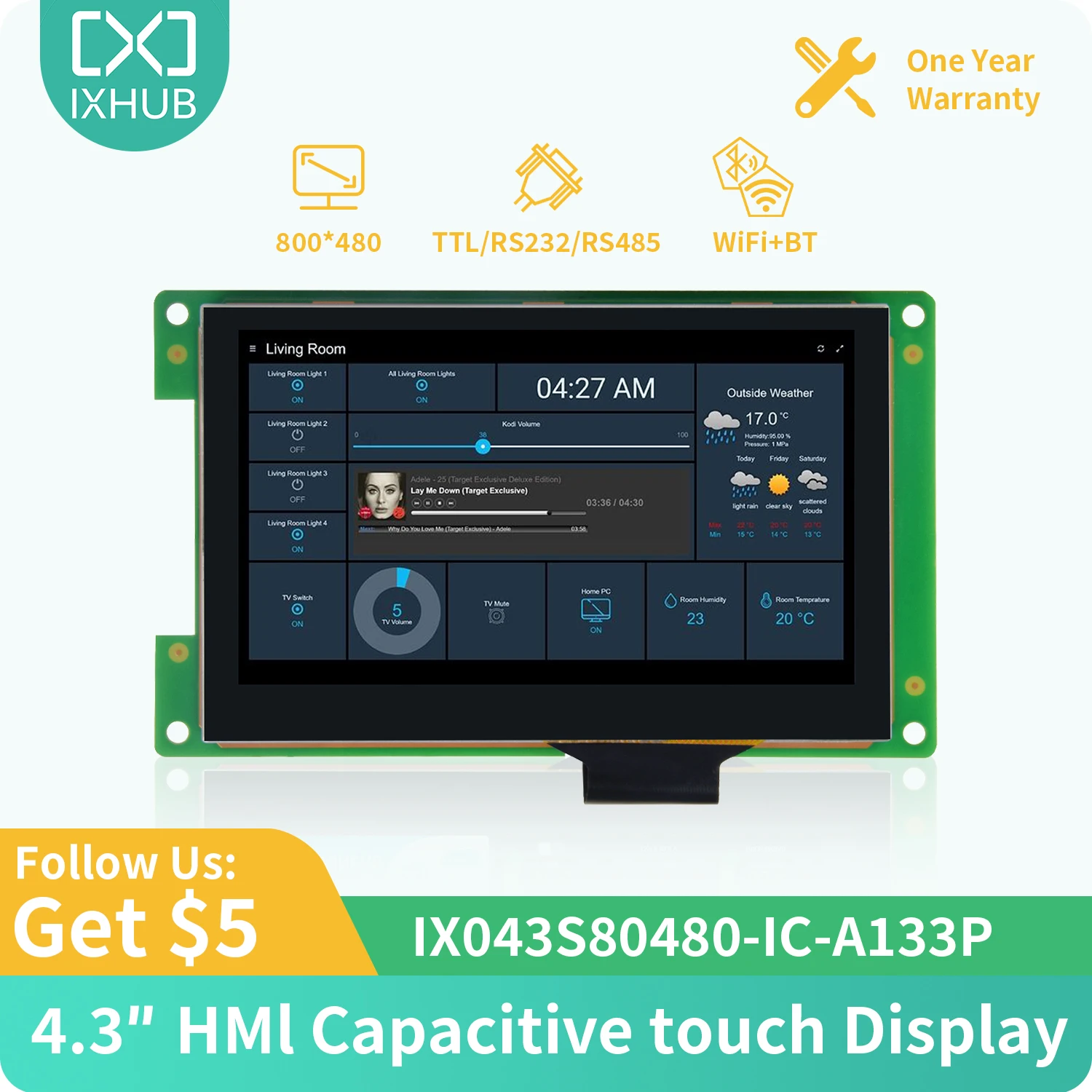 

IXHUB 4.3 inch Intelligent HMI Module 800*480 IPS Capacitive Pane LCD Module Screen Allwinner A133P for Linux Ubuntu Android10.0