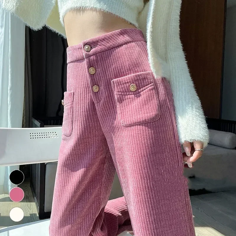 

Spring, Autumn and Winter Women's High Waist Buckle Solid Pocket Stripes Shirring Loose Wide Leg Pants Fashion Casual Pants