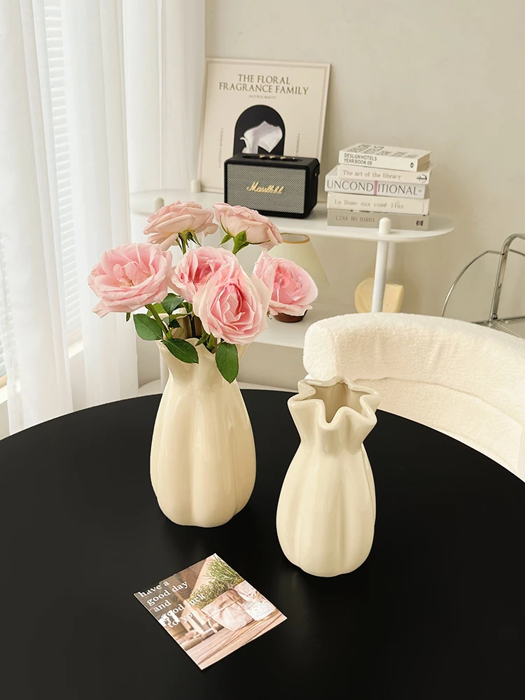 

Premium Cream Ceramic Vase Flowers Hydroponic Flower Arrangement Living Room Table Dried Flower Decoration Simple Modern