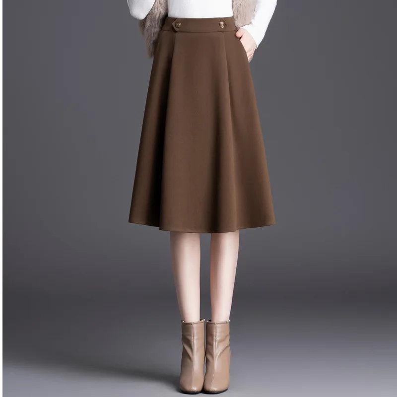 

#1712 Black Gray Brown Office Woolen Skirt Women Split Joint Pleated A-line Skirt Ladies Thick Slim Knee-length High Waisted