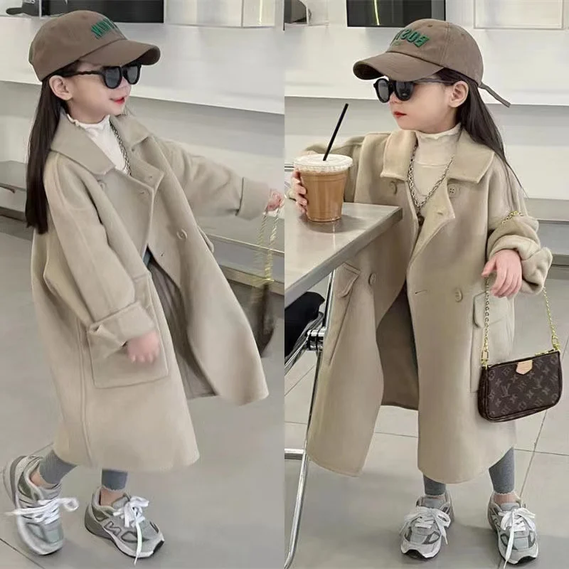 

Korean Girl's Woolen Coat Super Cute Casual Trench Coat 2024 Autumn And Winter New Baby Loose Khaki Coat 3 5 7 9Y