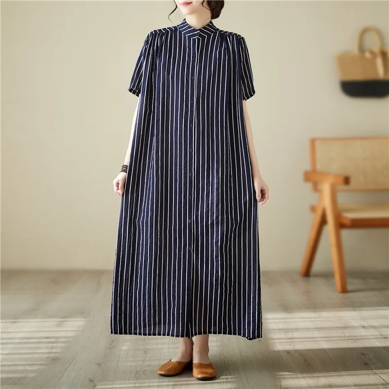 2023 New Arrival Single Breasted Striped Loose Summer Blouse Dress Office Lady Work Dress Fashion Women Travel Casual Midi Dress
2023 New Arrival Single Breasted Striped Loose Summer Blouse Dress Office Lady Work Dress Fashion Women Travel Casual Midi Dress