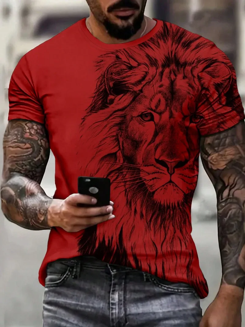 

Men's Printed T-shirt, Lion Graphic Print Handsome Casual Fashion Loose Round Neck Short Sleeve New Summer Style