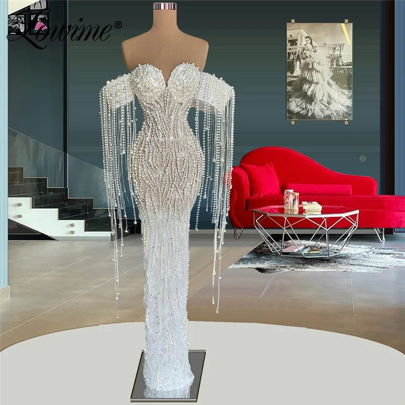 

Heavy Pearls Formal Evening Dresses Robe De Soiree 2022 Plus Size Mermaid Beading Arabic Illusion Long Prom Dress Party Gowns