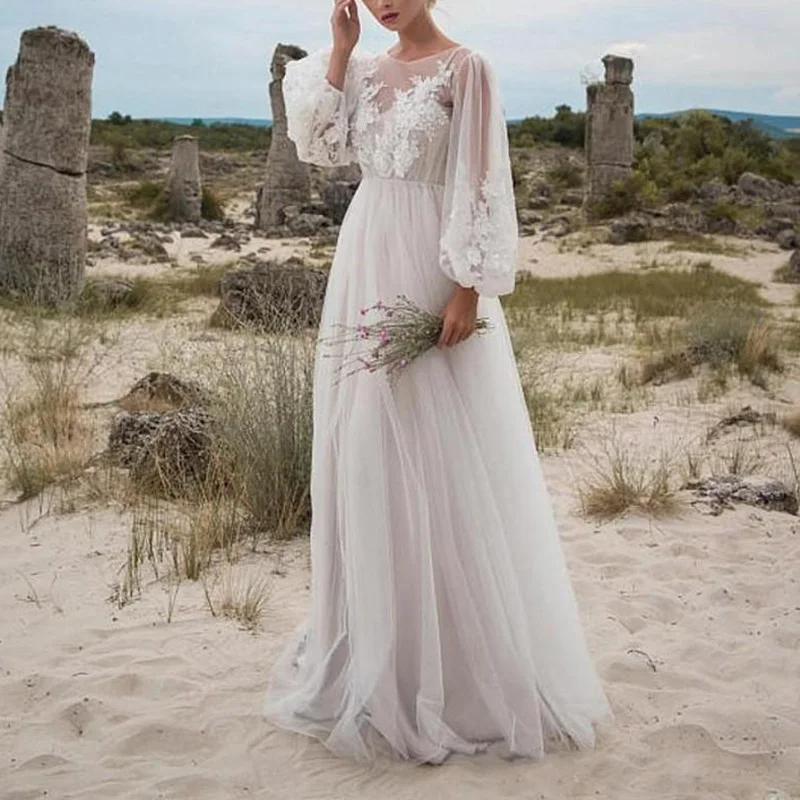 

2022 Summer Women Long Tulle Dress Long Sleeve Embroidery Wedding Vocation Sexy White Lace Maxi Tunic Beach Dress