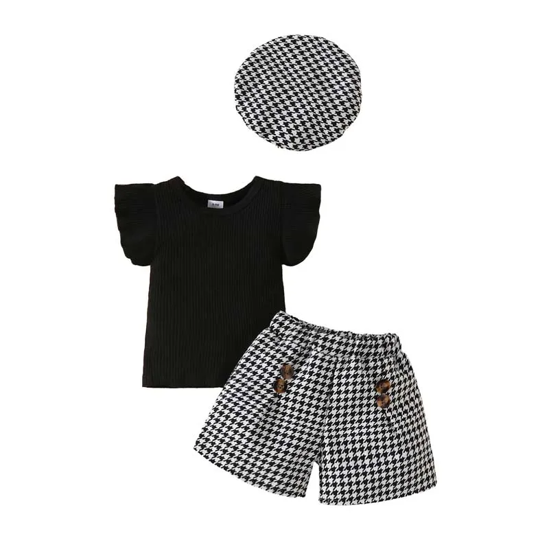 

Toddler Baby Girl Sets Clothes Ruffle Sleeve Pit-Stripe Solid Colour Tee Tops Plaid Shorts Hat 3Pcs Set 6 Months-3 Years Outfits