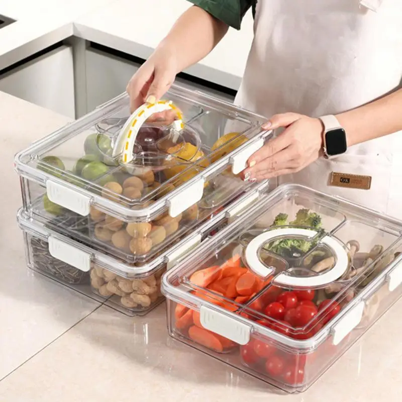 

Food grade preservation box with Lid 4 Compartments Clear Portable Snack Platter with Lid & Handle Transparent Fruit Platter