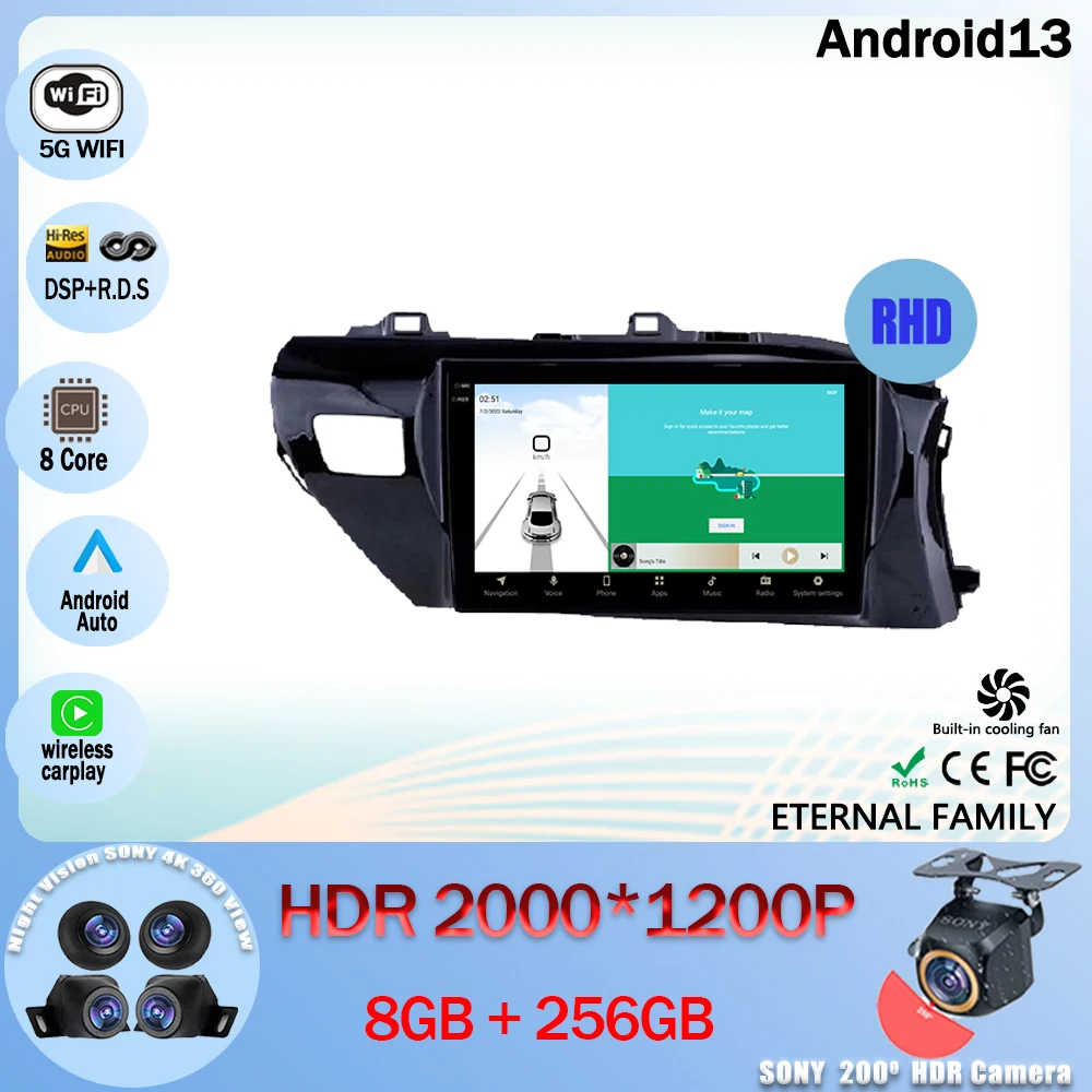 

Автомагнитола Android 13, мультимедийный видеоплеер, навигация GPS для Toyota Hilux Pick Up AN120 2015 - 2020 RHD 5G WIFI BT 4G No 2din