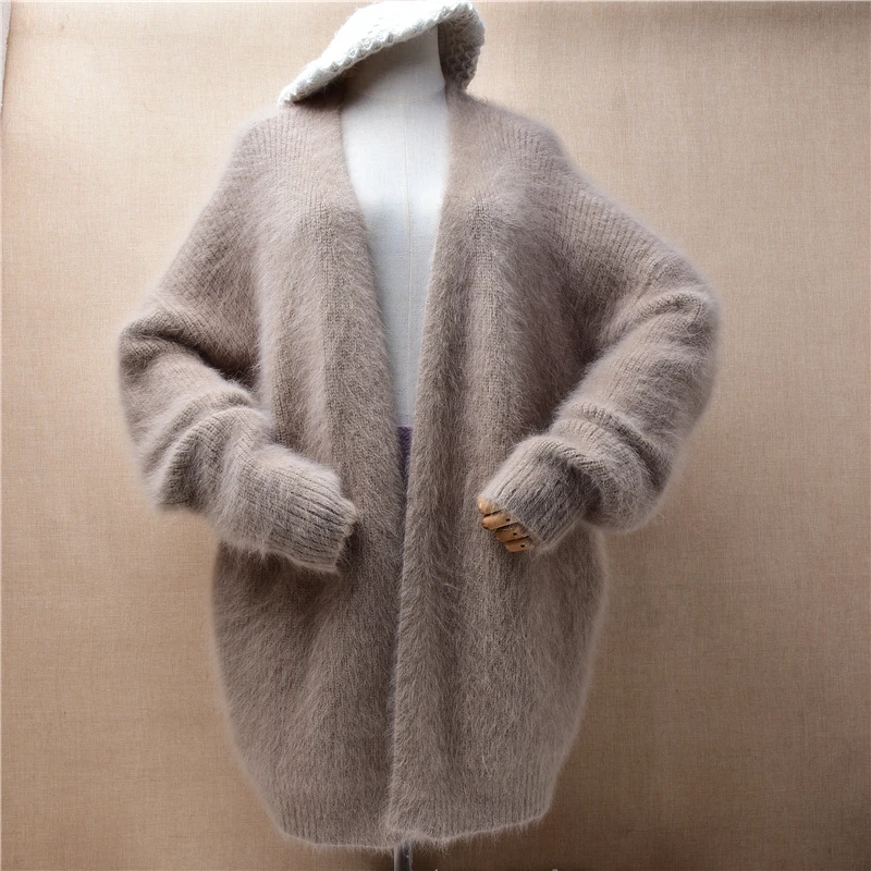 

Female Women Fall Winter Clothing Hairy Plush Mink Cashmere Knitted Long Sleeves Loose Cardigans Mantle Angora Fur Coat Sweater