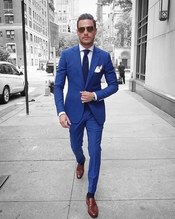 

Gentle Blue Smart Business Men Suit Slim Fit Tuxedo 2 Piece High Street Blazer Sets Prom Fashion Groom Tailored Terno Masculino