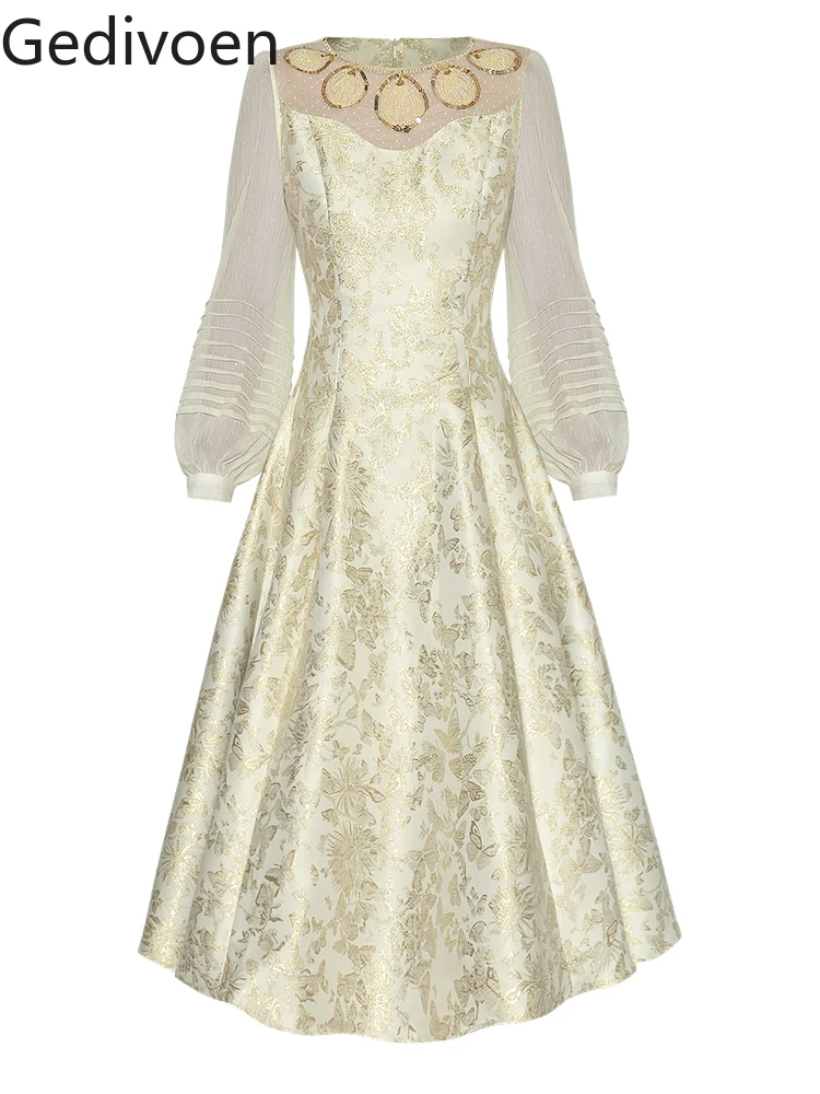 

Gedivoen Summer Fashion Runway Vintage Dress Women O Neck 3D Sequin Beading Mesh Sheer Long Sleeve Princess Style Dress