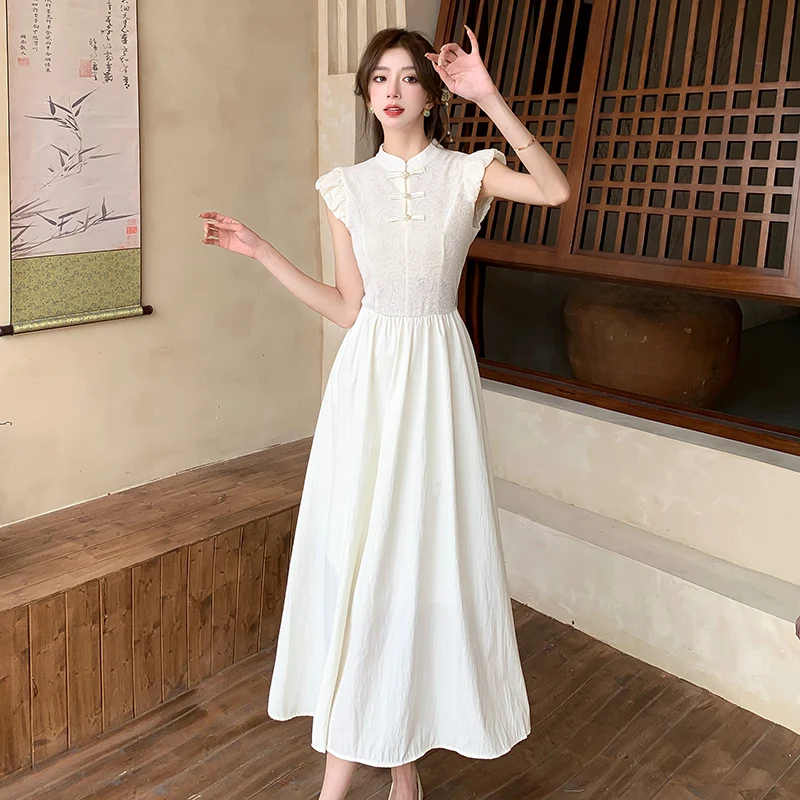 

Женское жаккардовое платье, роскошное белое длинное приталенное платье в китайском стиле, французское ретро платье с широким подолом, лето 2024