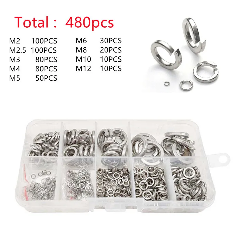 480pcs 304 Stainless Steel Spring Lock Washer Assortment Set , 9 Sizes - M2 M2.5 M3 M4 M5 M6 M8 M10 M12
480pcs 304 Stainless Steel Spring Lock Washer Assortment Set , 9 Sizes - M2 M2.5 M3 M4 M5 M6 M8 M10 M12