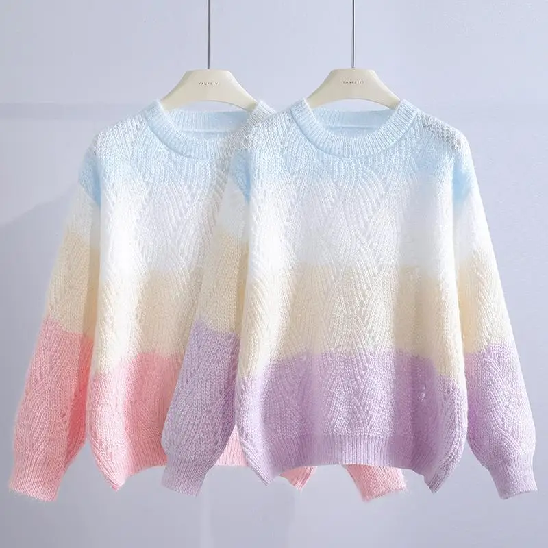 

Spring and Autumn Gradient Stripe Fashion Sweater Women's Long Sleeved Round Neck Casual Pullover