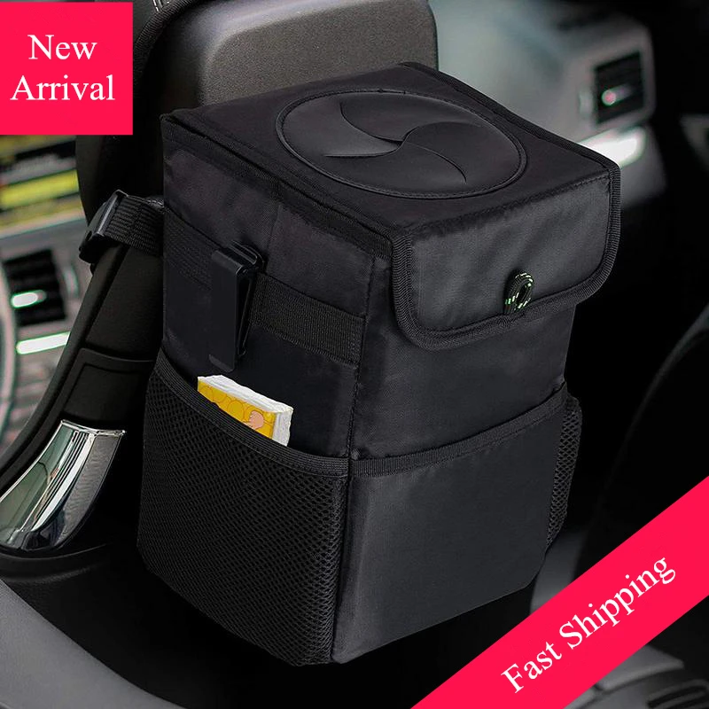 

New Black Multipurpose Trash Bin for Car Waterproof Garbage Can 100% Leak-Proof Organizer Trash Can with Lid and Storage Pockets