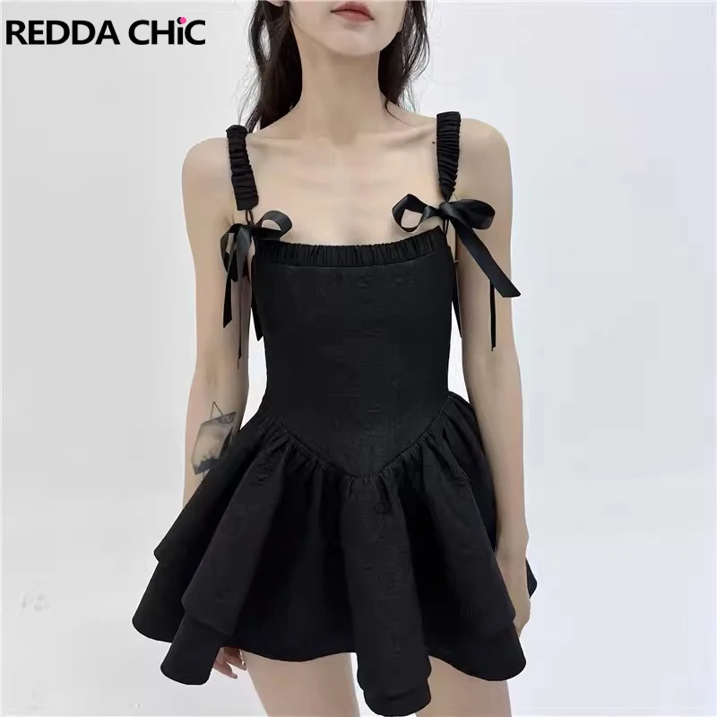 

REDDACHiC Rose Textured Strappy Cami Dress Women Retro Black Lace-up Puffy Mini Dress Square Neck Sleeveless Princess One-piece