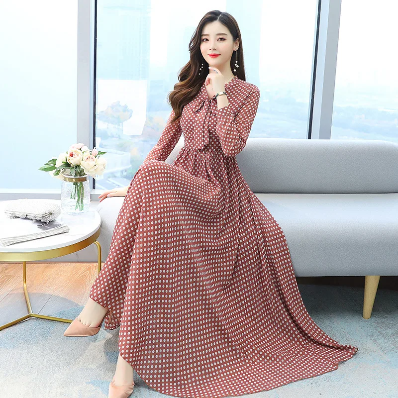 

New Spring French Style Female Long Dress Fashion Polka Dot Chiffon Dress for Woman Bowknot Collar Fit and Flare Dress Blue Red