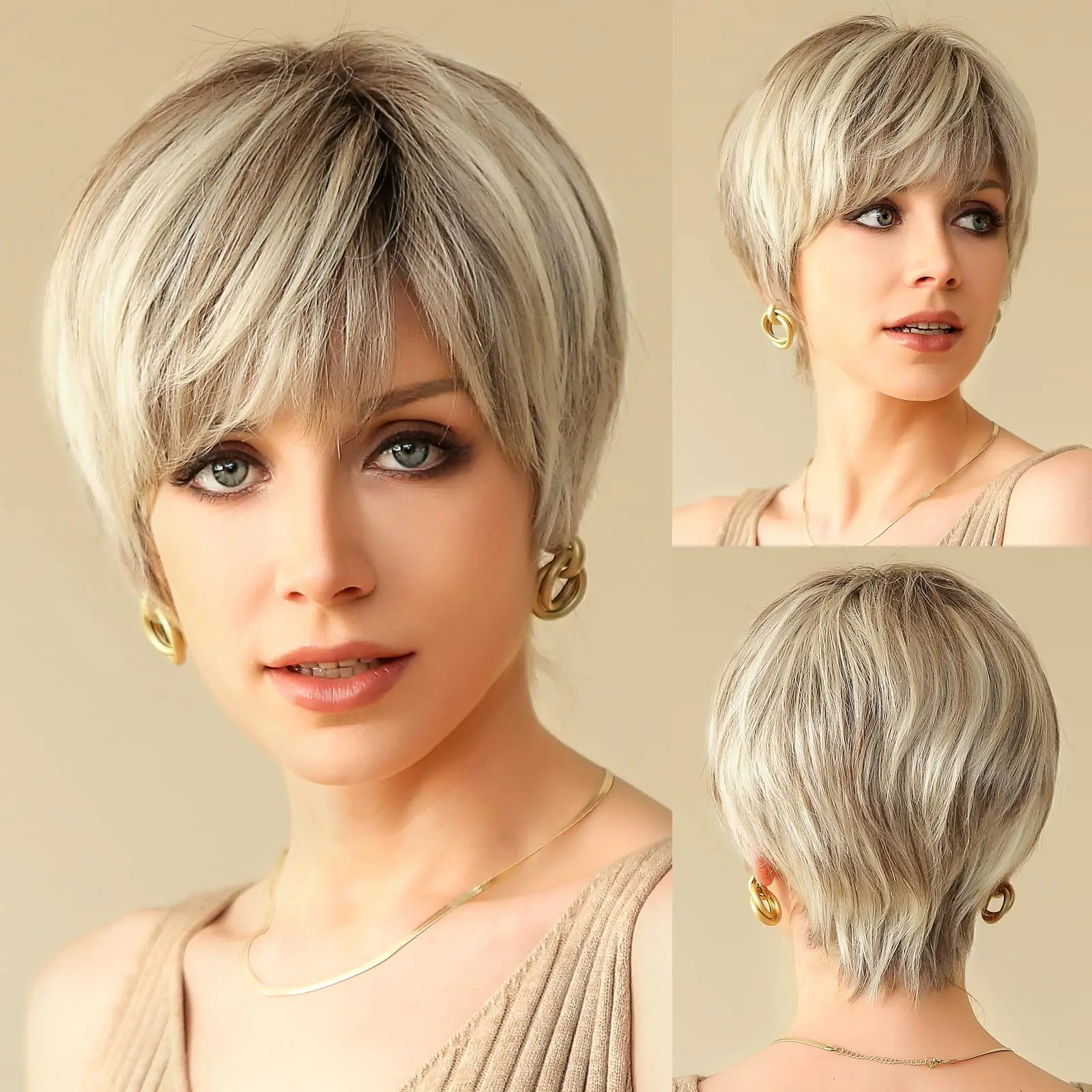 

Mixed Blonde Ash Brown Lace Front Wigs 100% Remy Human Hair Pixie Cut Hairs with Bang Short Straight Wig for Women Bob Human Wig