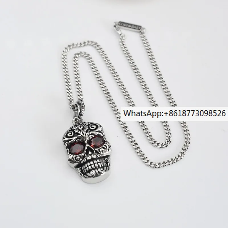 

Baroque Garnet Eye Skull Pendant Fashion Versatile Live Jewelry Thai Silver Pendant Chain European Hip Hop