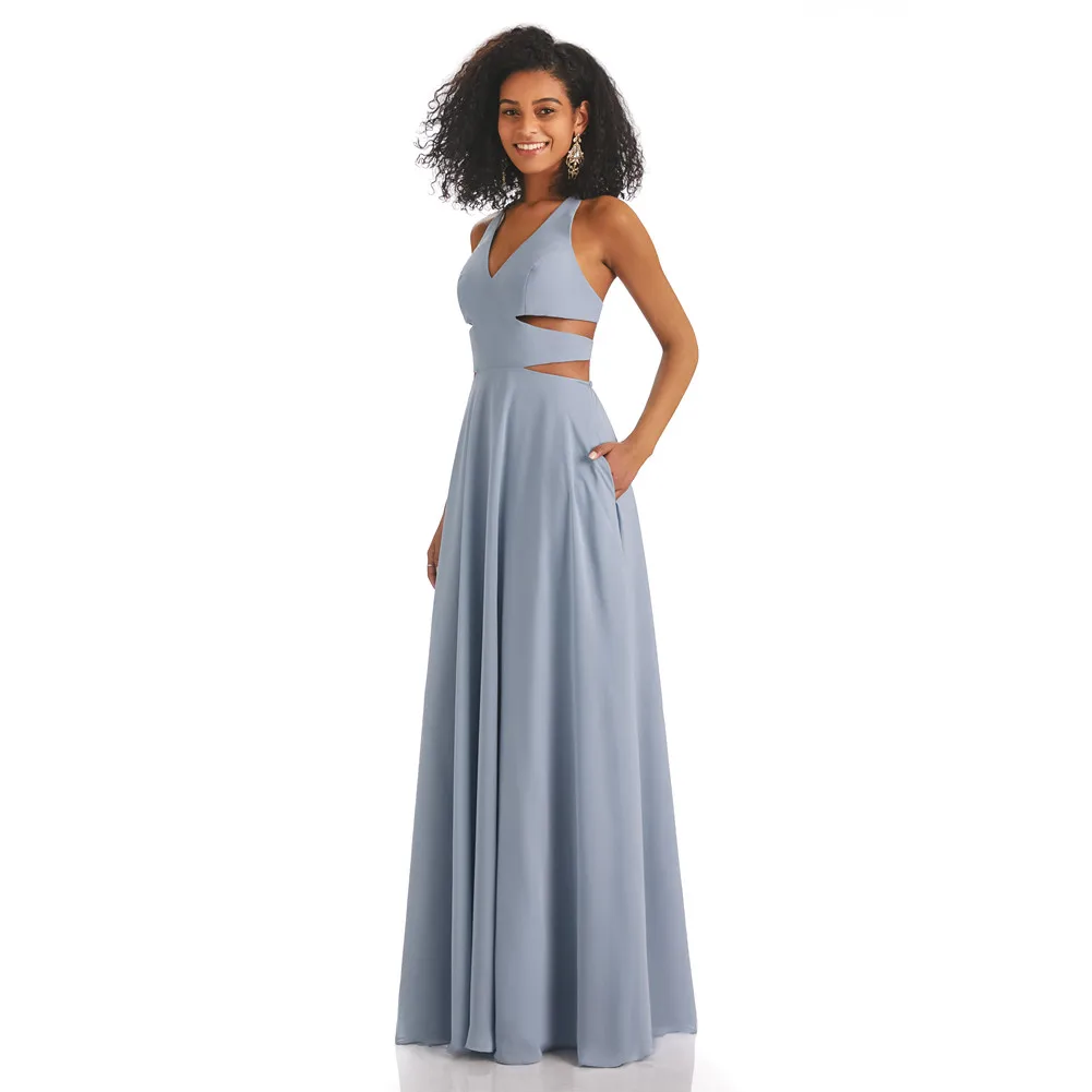 Long V-Neck Bridesmaid Dresses with Pockets Chiffon Floor Length Evening Dresses Criss Cross Back Robes de soiréen for Women
Long V-Neck Bridesmaid Dresses with Pockets Chiffon Floor Length Evening Dresses Criss Cross Back Robes de soiréen for Women