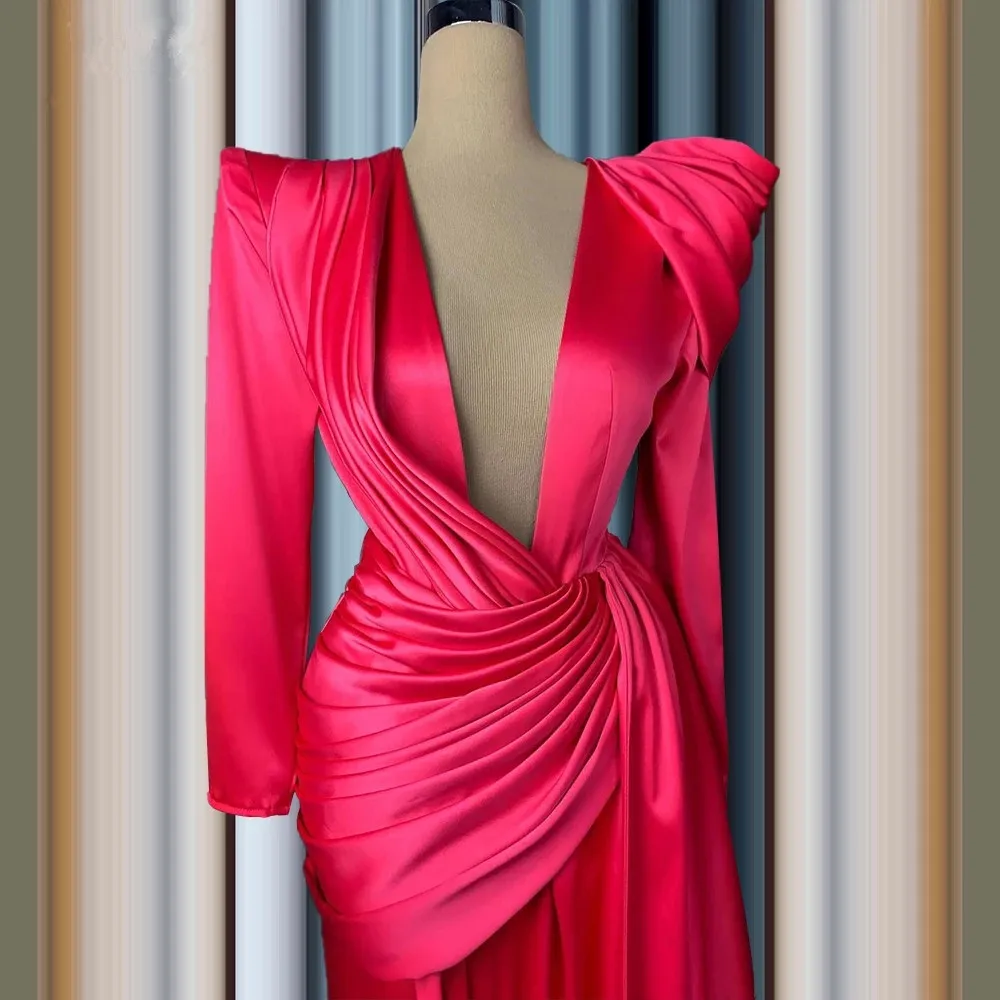 

Fuchsia Prom Dresses Sheath V-neck Long Sleeves Slit Sexy Dubai Saudi Arabia Prom Gown Evening Dress Robe De Soiree