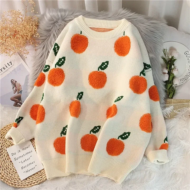 

Winter Thick Loose Clothes Autumn New Office O-neck Knitted Pullovers Sweet Fruit Embroidery Turtleneck Sweater Pull Femme 28572