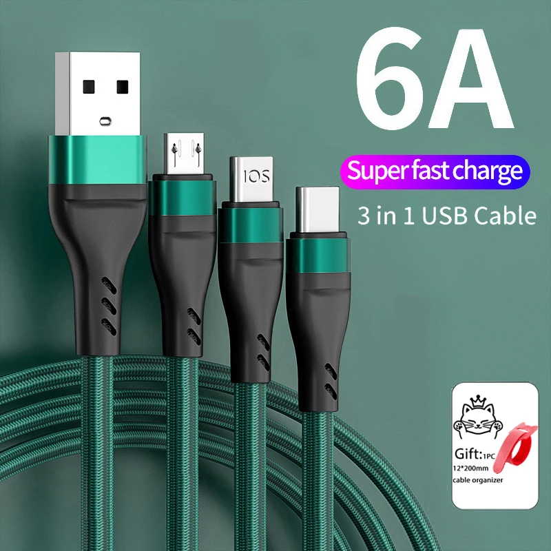 Зарядный кабель 6A 3 в 1 Micro USB Type-C для быстрой зарядки и передачи данных iPhone Samsung Xiaomi