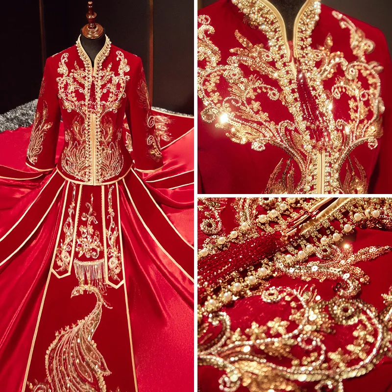 Women Exquisite Peacock Embroidery Chinese Tassels Wedding Dress Elegant Marriage Velour Sequins Beading Cheongsam
Women Exquisite Peacock Embroidery Chinese Tassels Wedding Dress Elegant Marriage Velour Sequins Beading Cheongsam