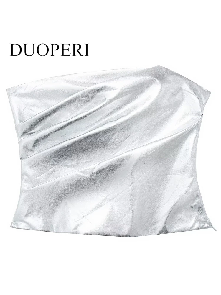 DUOPERI Women Fashion Silver Pleated Side Zipper Backless Cropped Tops Vintage Strapless Slash Neck Female Chic Lady Tops
DUOPERI Women Fashion Silver Pleated Side Zipper Backless Cropped Tops Vintage Strapless Slash Neck Female Chic Lady Tops