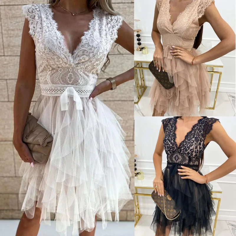 Dresses Women's Spring and Summer 2023 New Solid Color Sexy V-neck Lace Stitching Dress Casual Short-sleeved Fashion Dress
Dresses Women's Spring and Summer 2023 New Solid Color Sexy V-neck Lace Stitching Dress Casual Short-sleeved Fashion Dress
