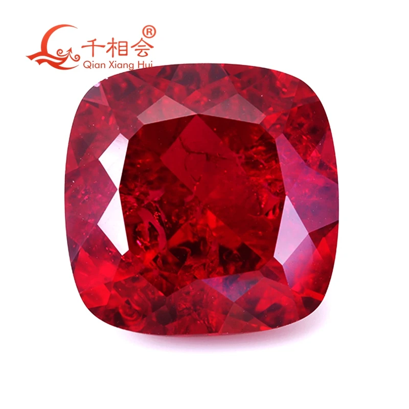 

cushion shape artificial lab created ruby red color natural cut including minor cracks and inclusions loose gem stone