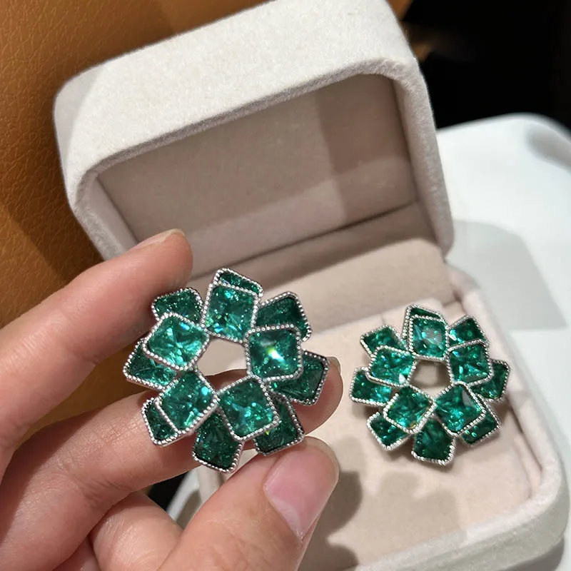 

baroque retro layered green zircon flower stud earrings for women Geometric square color delicate exaggeration banquet jewelry