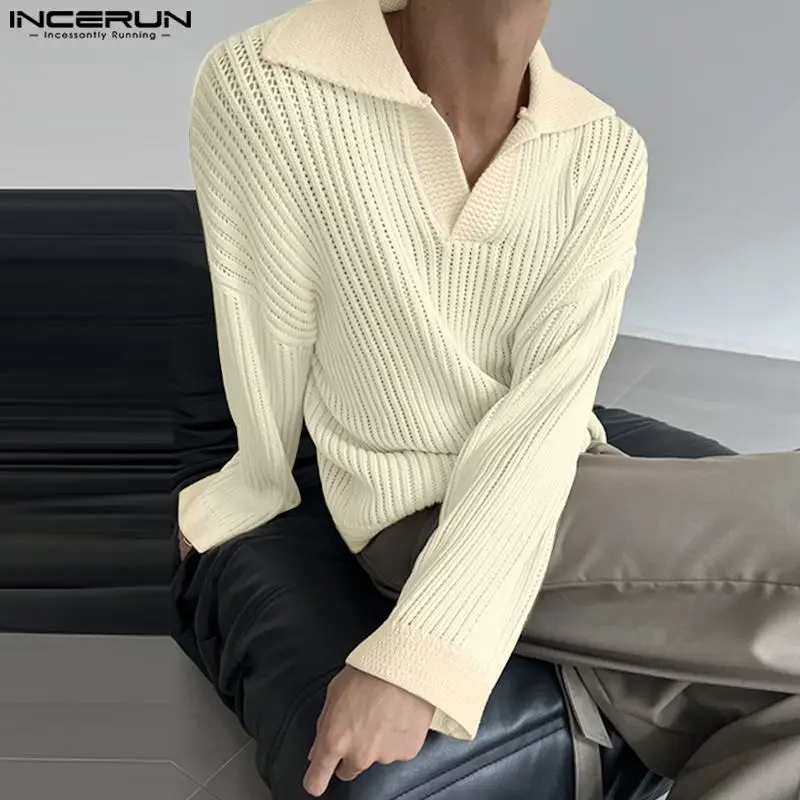

Korean Style Handsome Men's Hollow Knitted Solid T-shirts Casual Fashionable Long Sleeved Lapel Camiseta S-5XL INCERUN Tops 2023
