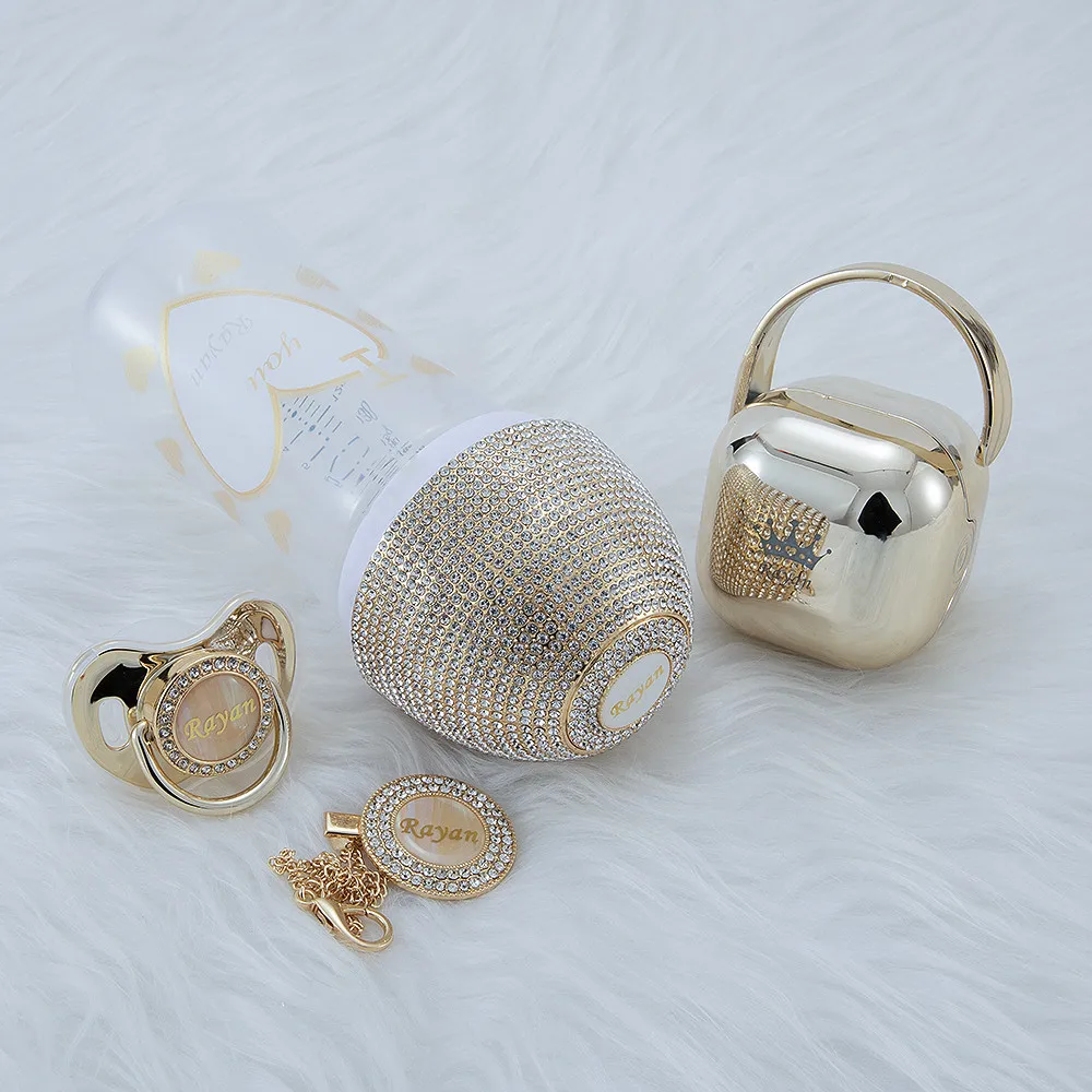 MIYOCAR personalized gold bling baby bottle pacifier and pacifier clip pacifier box set BPA free
MIYOCAR personalized gold bling baby bottle pacifier and pacifier clip pacifier box set BPA free